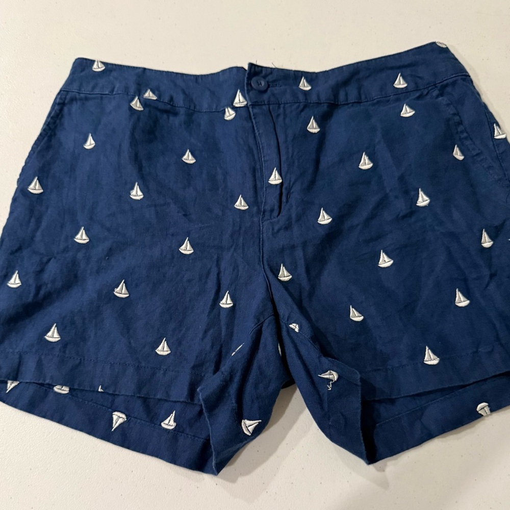 British Khaki Womens 100% Linen Shorts Size 6 Navy Blue Sailboat Embroidered‎